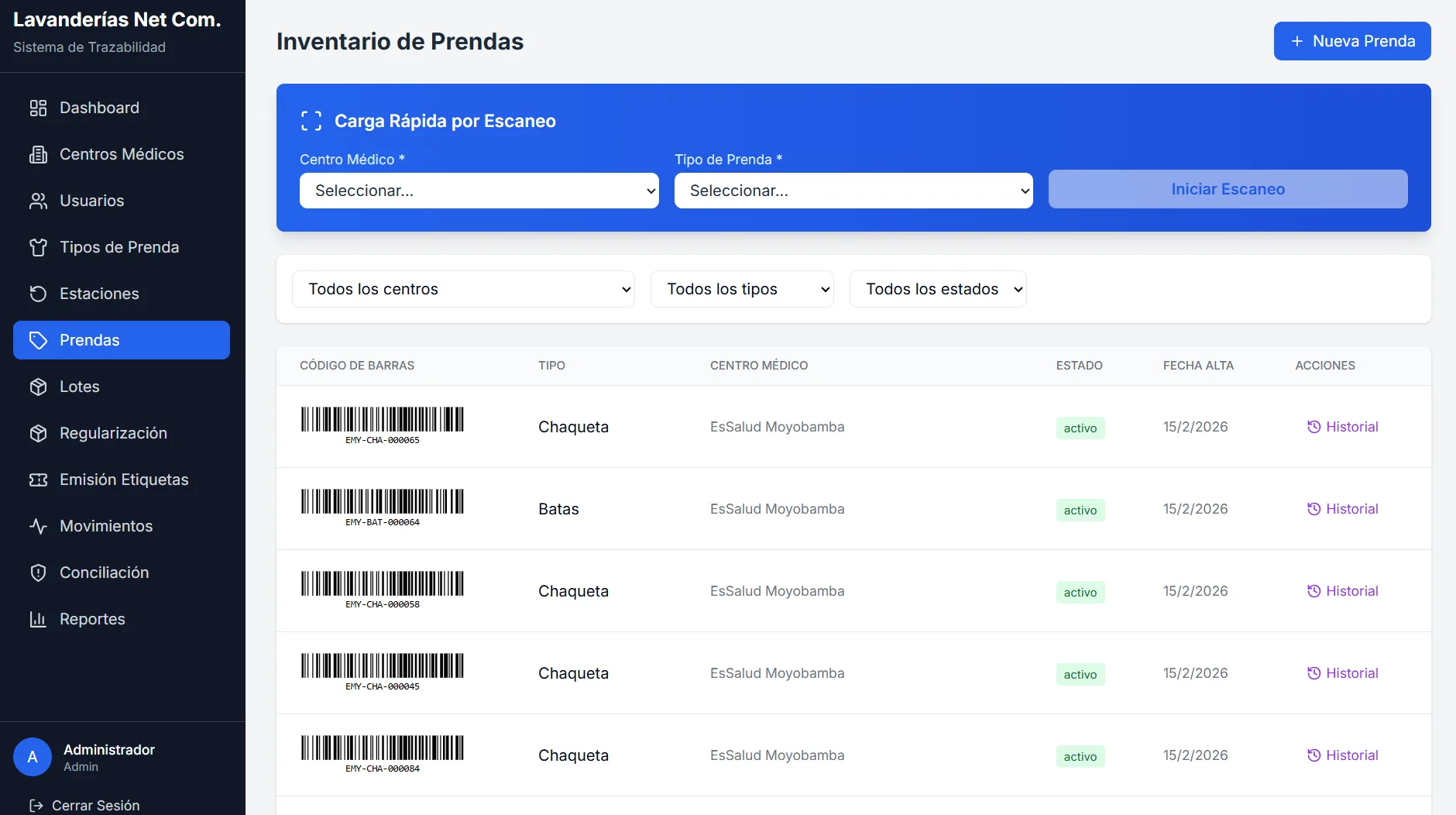 Sistema de trazabilidad de prendas médicas para Lavanderías Net Com