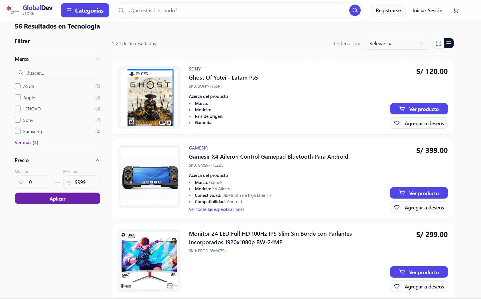Tienda en línea con catálogo de productos de tecnología y vista en lista
