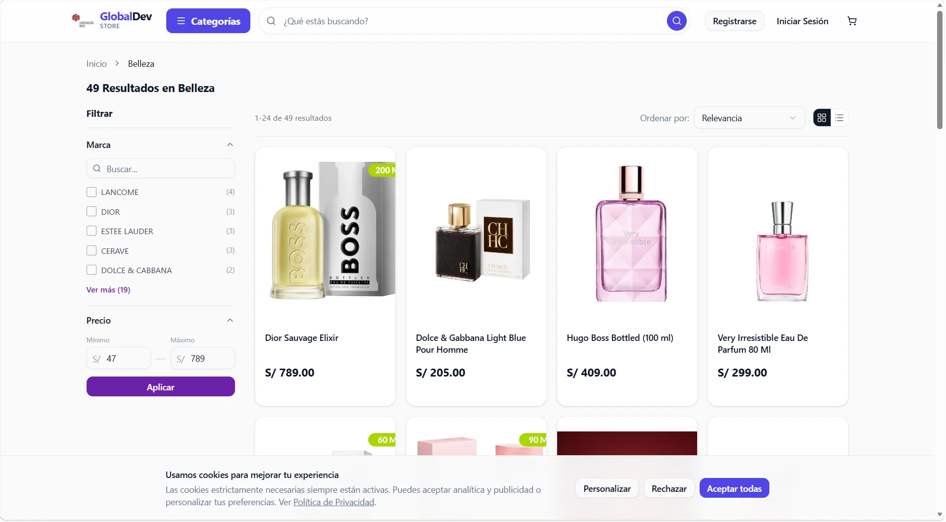 Tienda en línea con catálogo de productos de belleza y filtros por marca